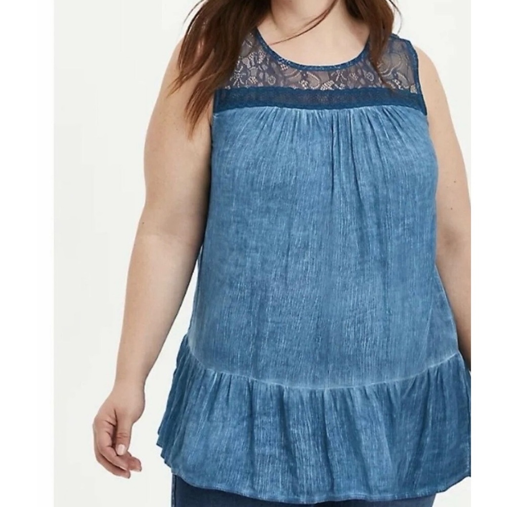 Torrid Lace Trim Tank Top Gauze Mineral Wash Blue NWT SZ 1 (14-16)